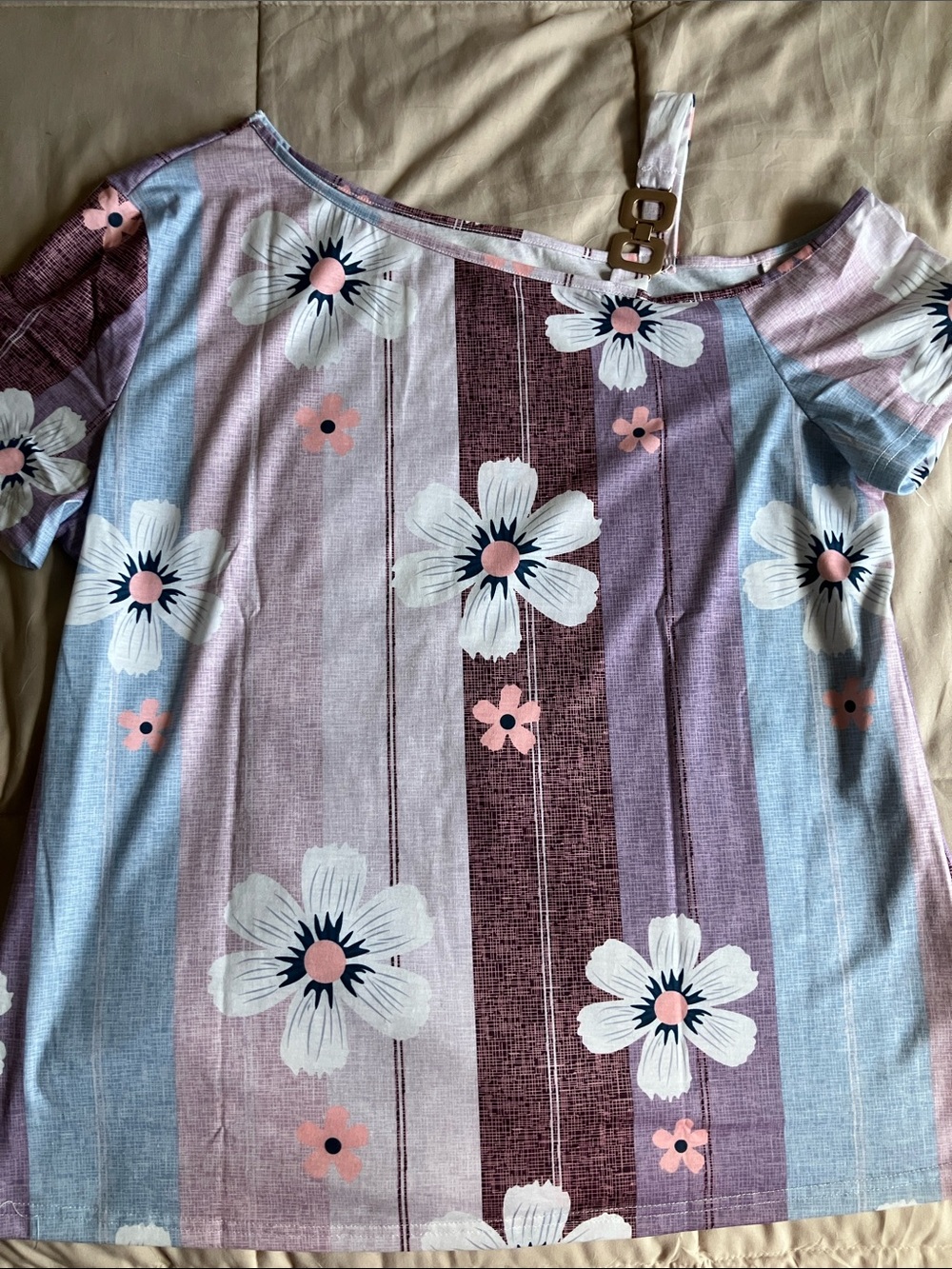 Floral Striped Off-Shoulder Top in Pastel Pink & Blue